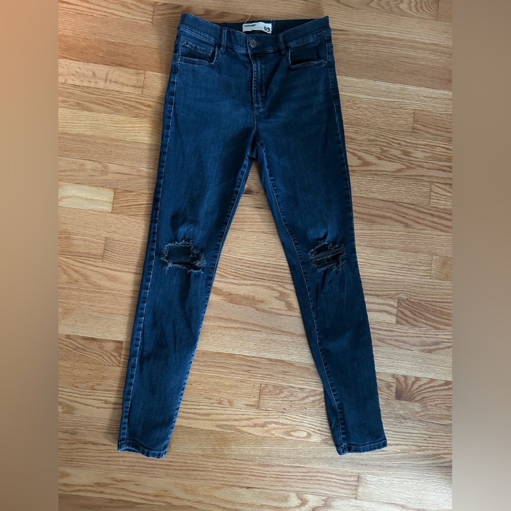 Garage Dark Blue Distressed Skinny Jeans Retro High Waist Jegging with Knee Rips